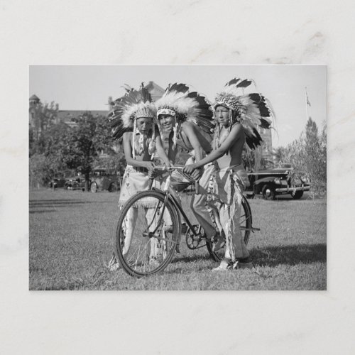 Native Americans with bicycle 1938 Postcard