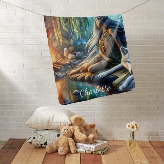 Native and wolf by water Tranquil scene Baby Blanket (In Situ)