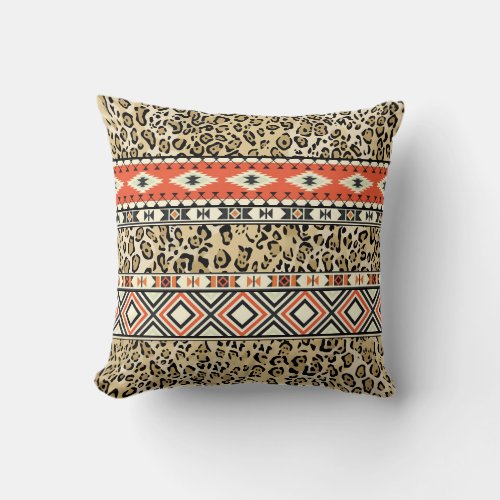 Native Aztec Tribal Mix Leopard Print Pattern Throw Pillow