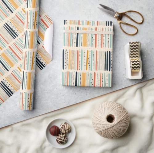 Native boho ornaments navy rusty stripes ethnic wrapping paper