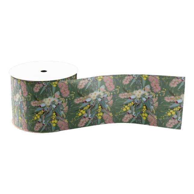 Native Bush Blooms Dark Green Grosgrain Ribbon (Spool)