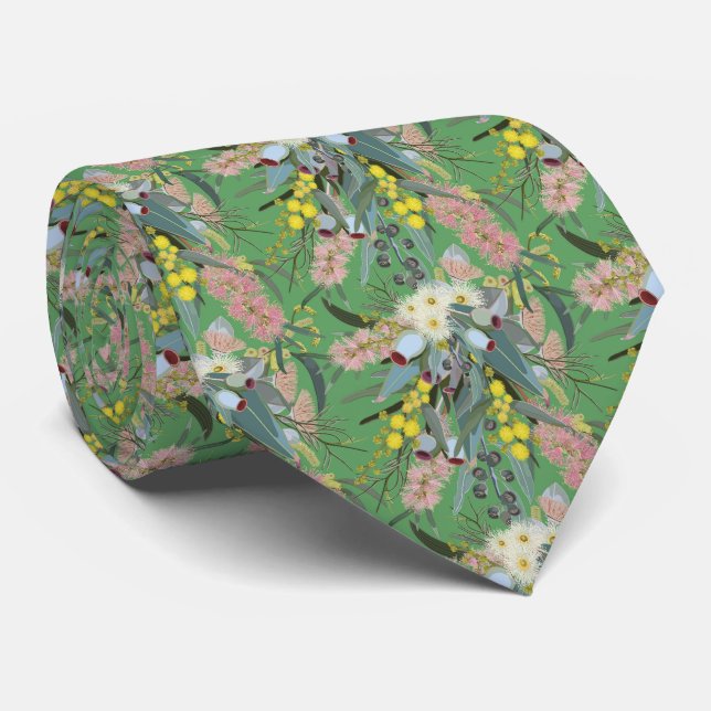 Native Bush Blooms Summer Green Neck Tie (Rolled)