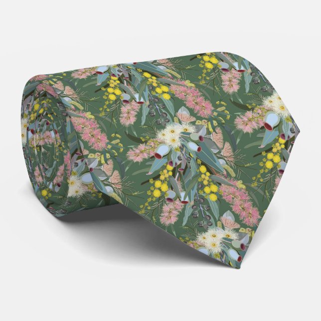 Native Bush Blooms Vintage Green Neck Tie (Rolled)