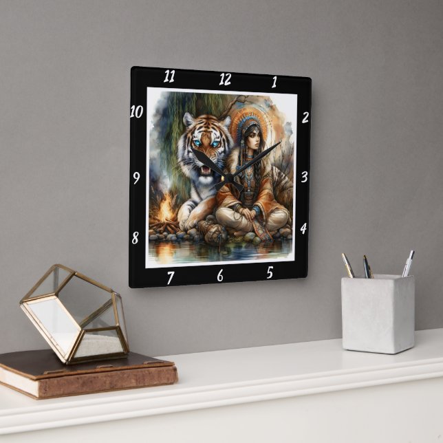 Native Calm: Tiger's Presence Forest Dawn Square Wall Clock (Office)