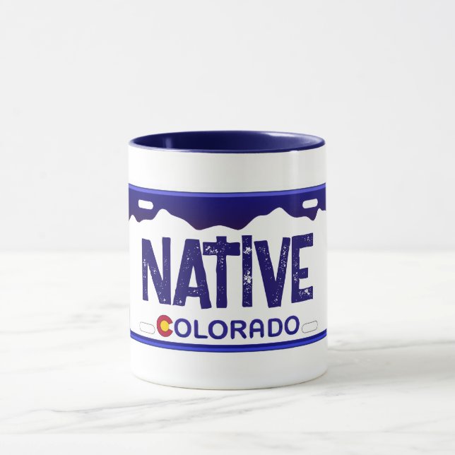 Native Colorado blue license plate mug (Center)
