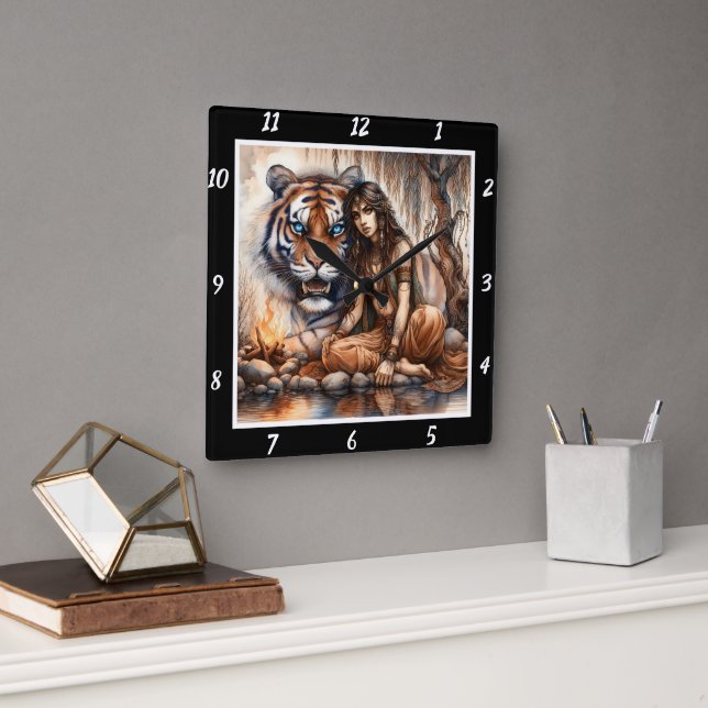 Native Dawn: Tiger's Eyes Forest's Light Square Wall Clock (Office)