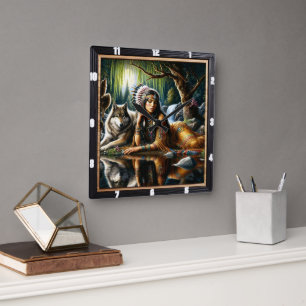 Native Earth Wolf Glade Guardian Still Square Wall Clock