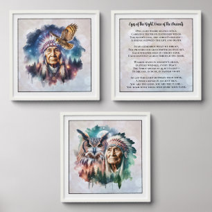 Native Elder and Owl Wall Art with Spiritual Poem Peel And Stick Photo Tile