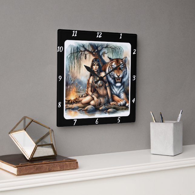 Native Essence: Forest's Heart Tiger's Grace Square Wall Clock (Office)