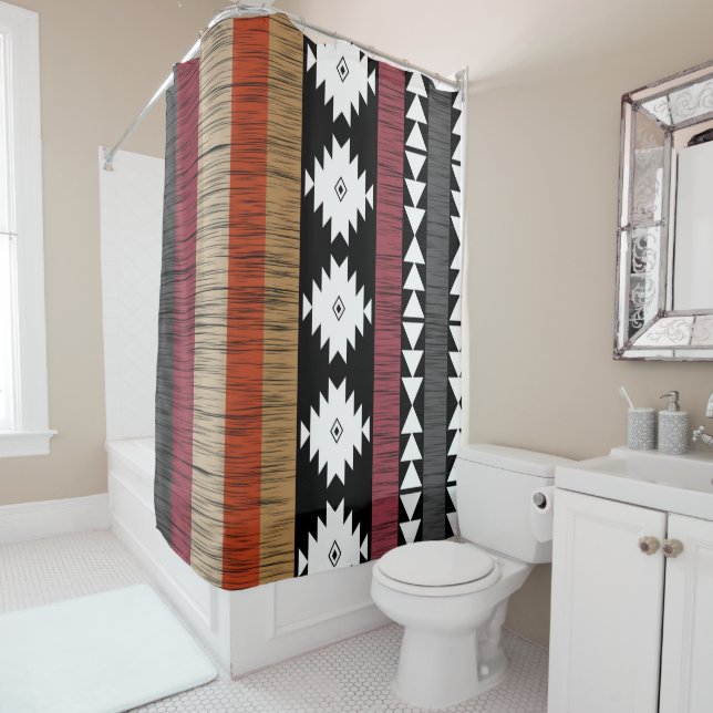 Native Ethnic Colorful Lines Pattern  Shower Curtain (In Situ)
