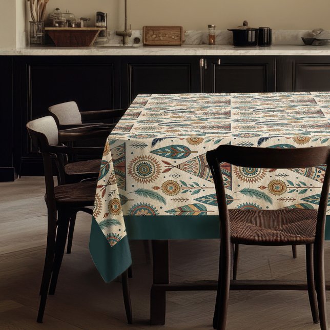 Native Ethnic Tribal Feathers pastel blue copper Tablecloth (Native Ethnic Tribal Feathers pastel blue copper Tablecloth)