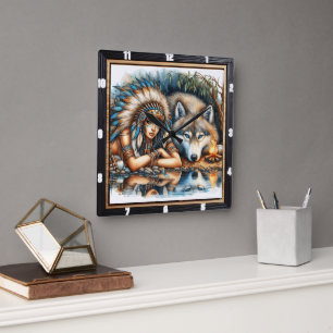 Native Gathering: Sacred Fire Stone Wisdom Square Wall Clock