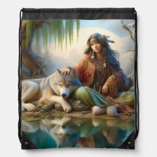 Native girl enjoying a moment with her wolf drawstring bag