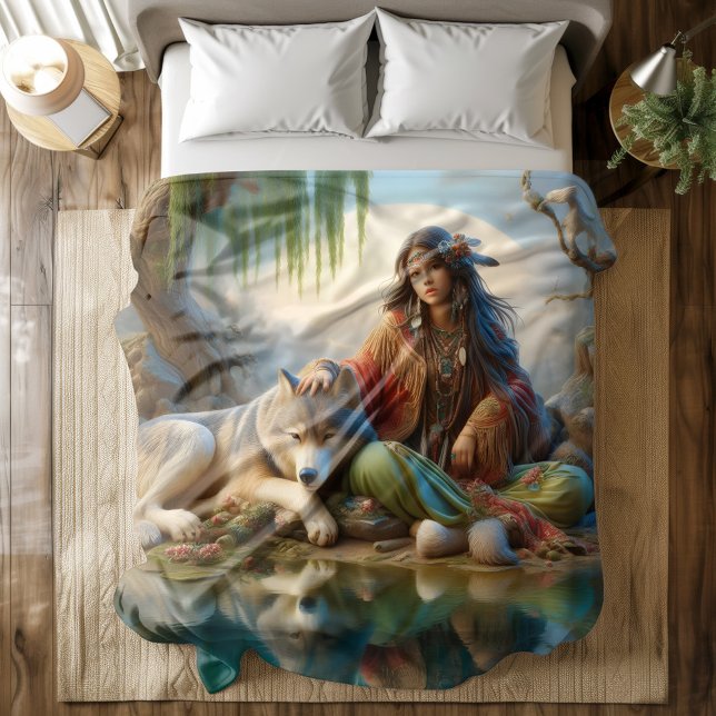 Native girl enjoying a moment with her wolf duvet cover (Creator Uploaded)