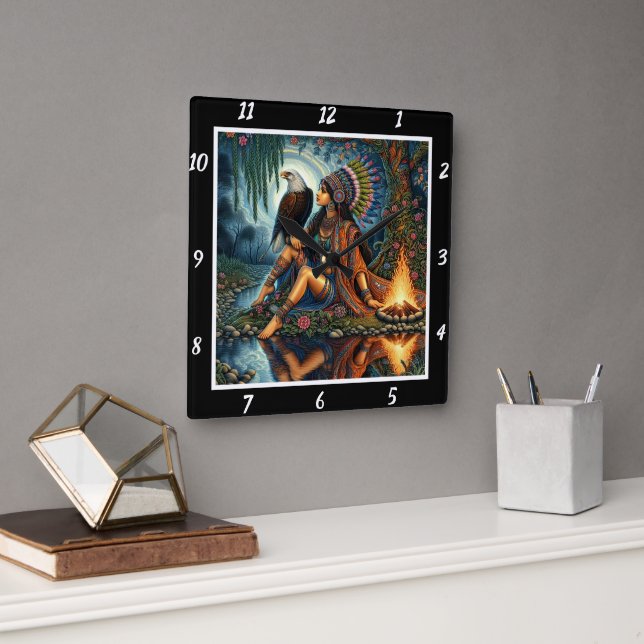 Native Glimpse: Eagle's Wing River's Gleam Square Wall Clock (Office)