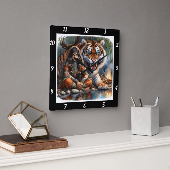 Native Glimpse: Tiger's Shadow River's Gleam Square Wall Clock (Office)