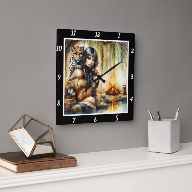 Native Grace: Tiger's Paws Stream's Dance Square Wall Clock (Office)