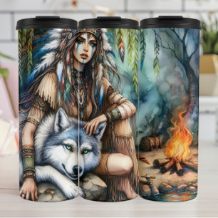 Native Grace, Wolf Spirit, Firelit Night. Thermal Tumbler