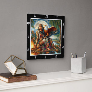 Native Havens: Eagle's Domain River's Serenity Square Wall Clock