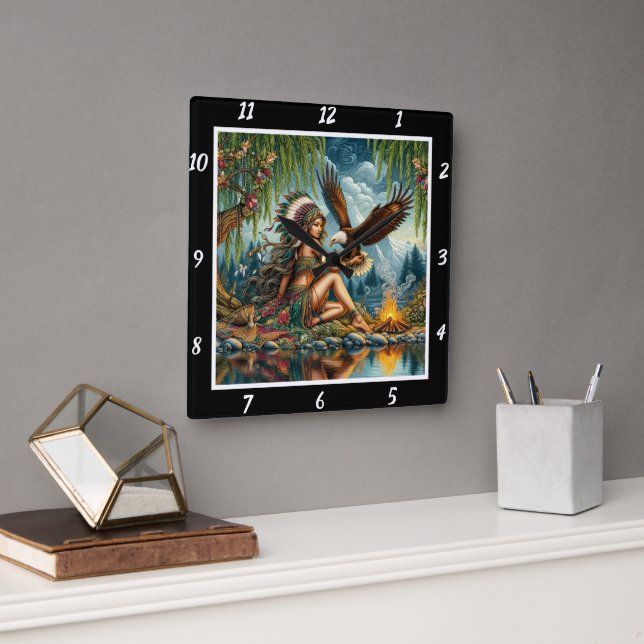 Native Hearts: Eagle's Spirit Stone's Truth Square Wall Clock (Office)