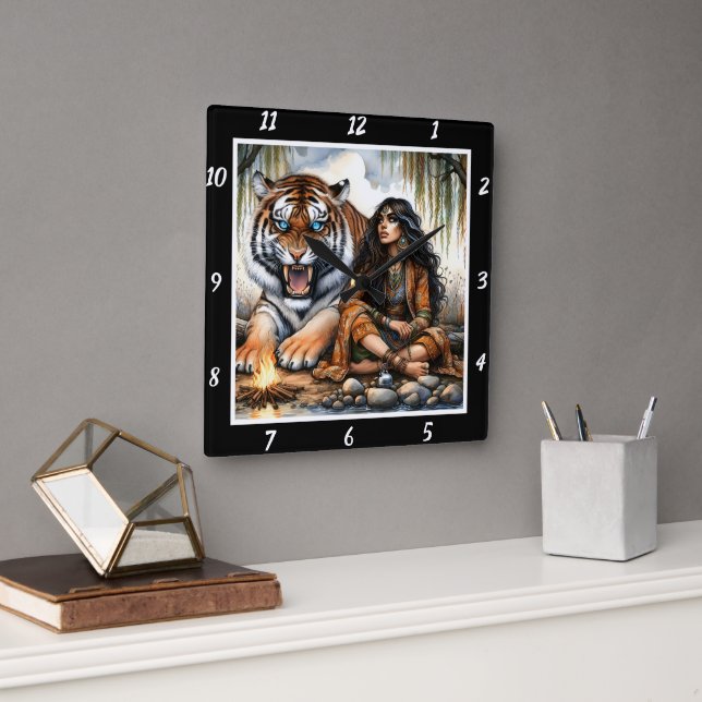 Native Hearts: Tiger's Spirit Stone's Truth Square Wall Clock (Office)