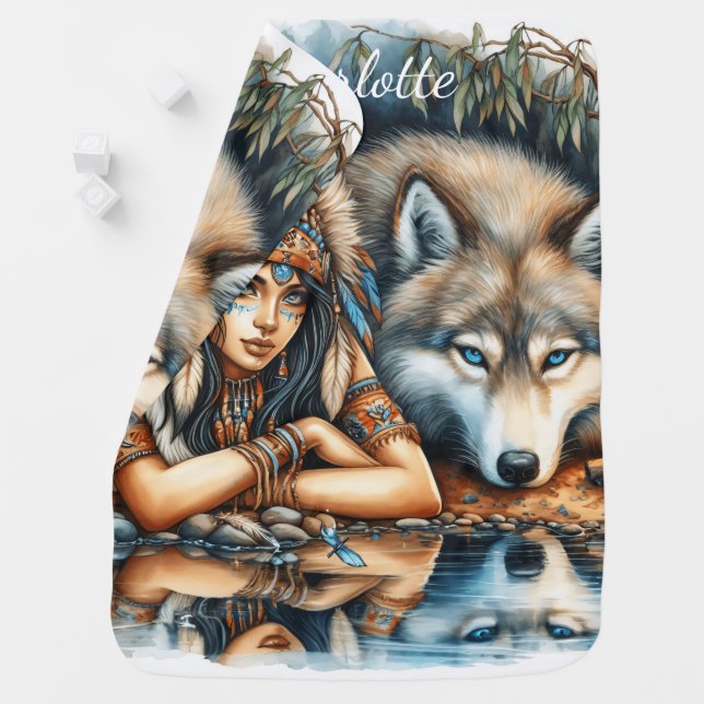 Native Indian and her wolf companion Baby Blanket (In Situ)