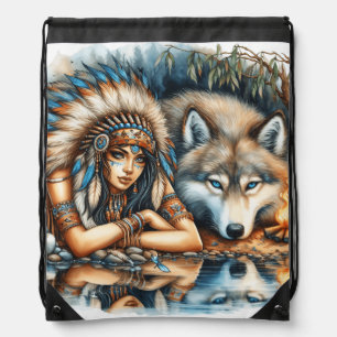 Native Indian and her wolf companion Drawstring Bag