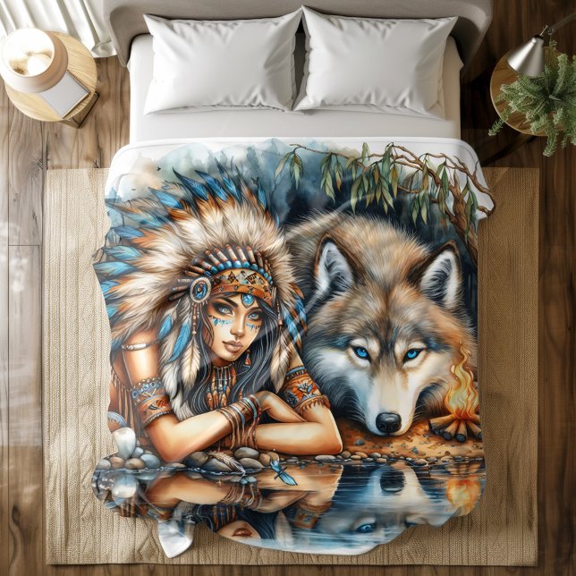 Native Indian and her wolf companion Duvet Cover (Creator Uploaded)