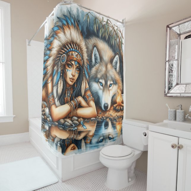 Native Indian and her wolf companion Shower Curtain (In Situ)