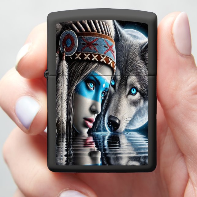 Native Indian and Wolf Reflection Scene Zippo Lighter (In Hand)