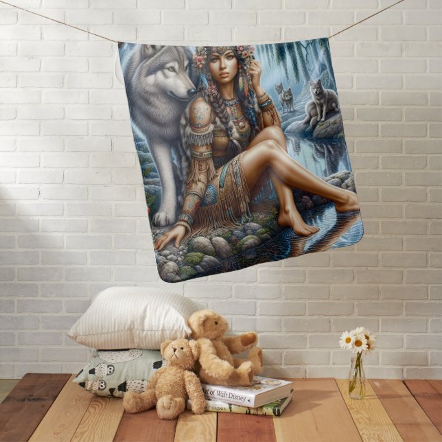 Native Indian and wolf share moonlight Baby Blanket (In Situ)