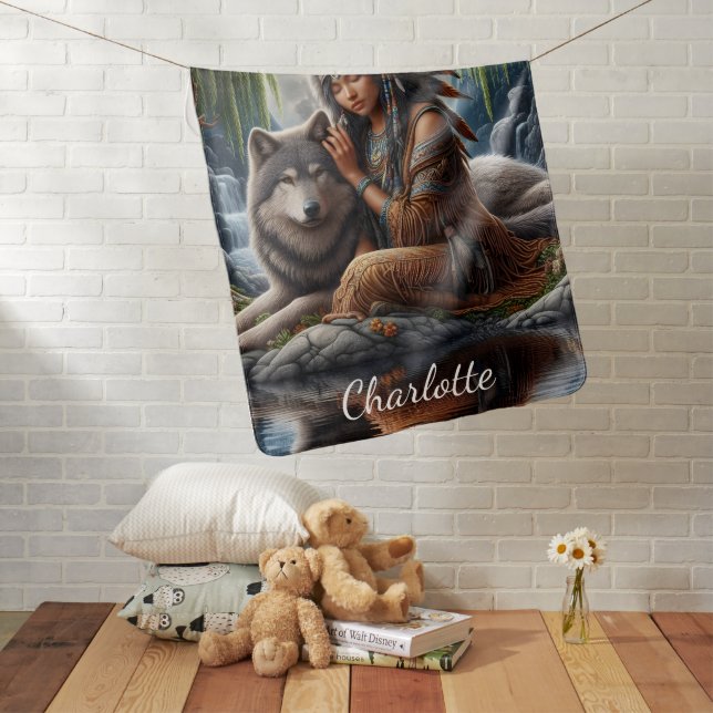 Native Indian and wolf share moonlight Baby Blanket (In Situ)