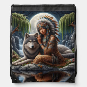Native Indian and wolf share moonlight Drawstring Bag
