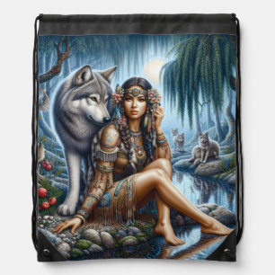 Native Indian and wolf share moonlight Drawstring Bag