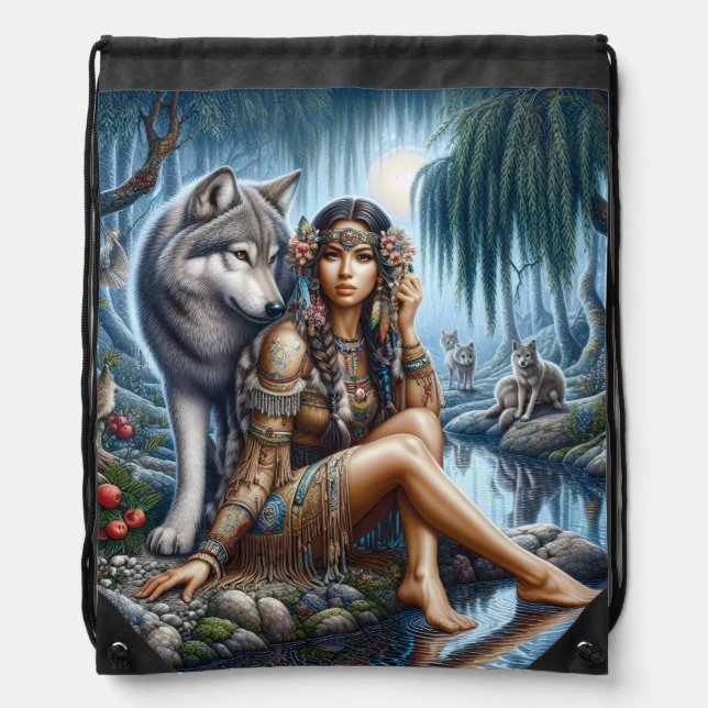Native Indian and wolf share moonlight Drawstring Bag (Front)
