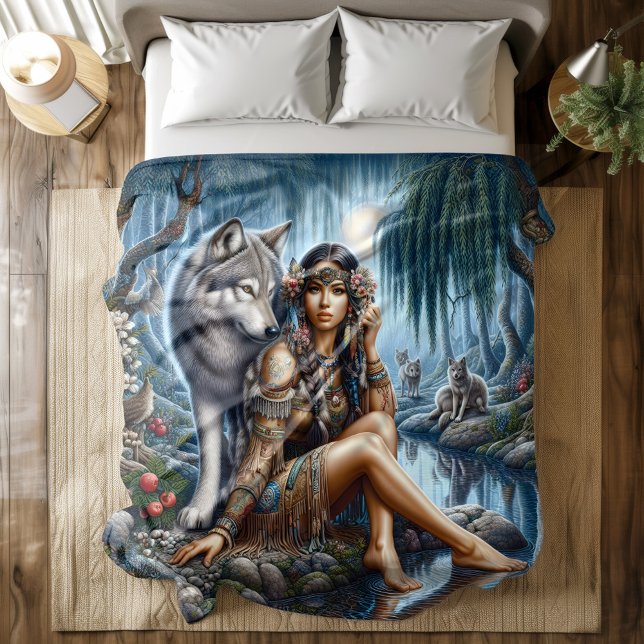 Native Indian and wolf share moonlight Duvet Cover (Creator Uploaded)