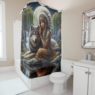 Native Indian and wolf share moonlight Shower Curtain