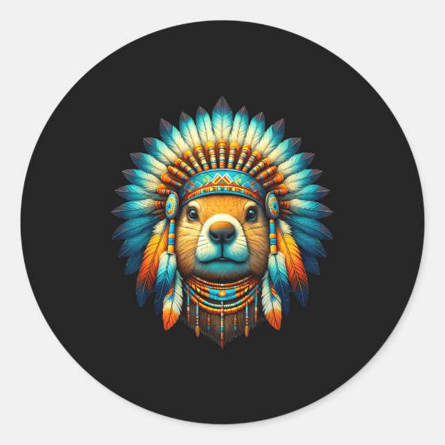 Native Indian Groundhog Native American Indian Fea Classic Round Sticker (Front)