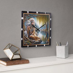 Native Indian Harmony: Firelight's Embrace Square Wall Clock