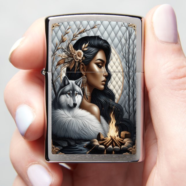 Native Indian Queen and Her Wolf Protector Zippo Lighter (In Hand)