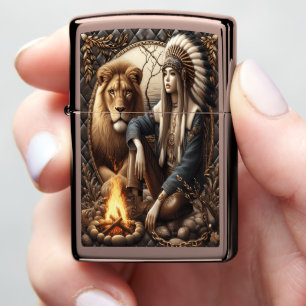 Native Indian Queen and Lion’s Strength Zippo Lighter