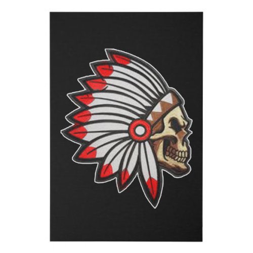 Native indian red featehrs skull silhoutte faux canvas print