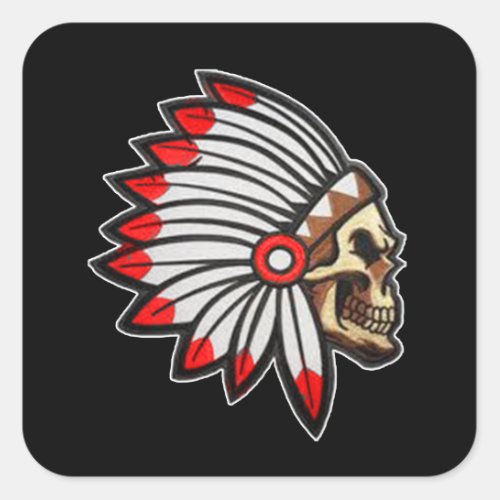 Native indian red featehrs skull silhoutte square sticker