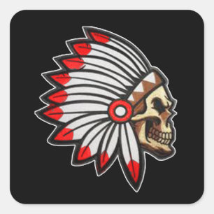 Native indian red featehrs skull silhoutte square sticker