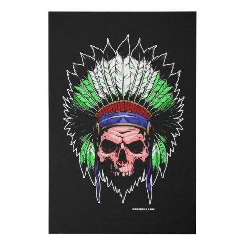 Native indian red green featehrs skull profile faux canvas print