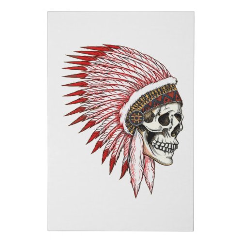 Native indian red skull featehrs silhoutte faux canvas print