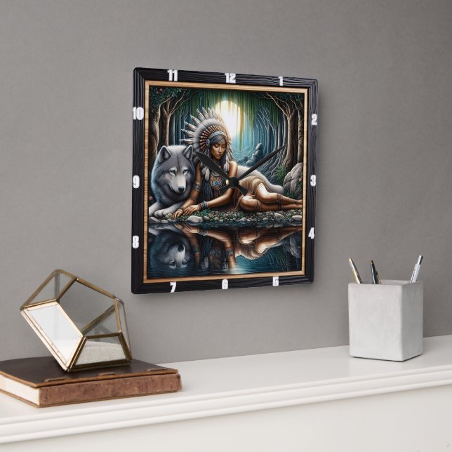 Native Indian Sanctuary: The Wolf's Watch Square Wall Clock (Office)