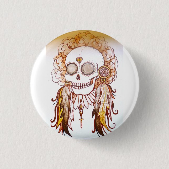 Native indian skull & flower head dress pin badge (Front)