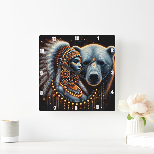 Native Indian Spirit and Nature in Art Square Wall Clock (Home)