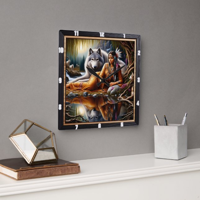 Native Indian Spirit Time: Campfire's Glow Square Wall Clock (Office)